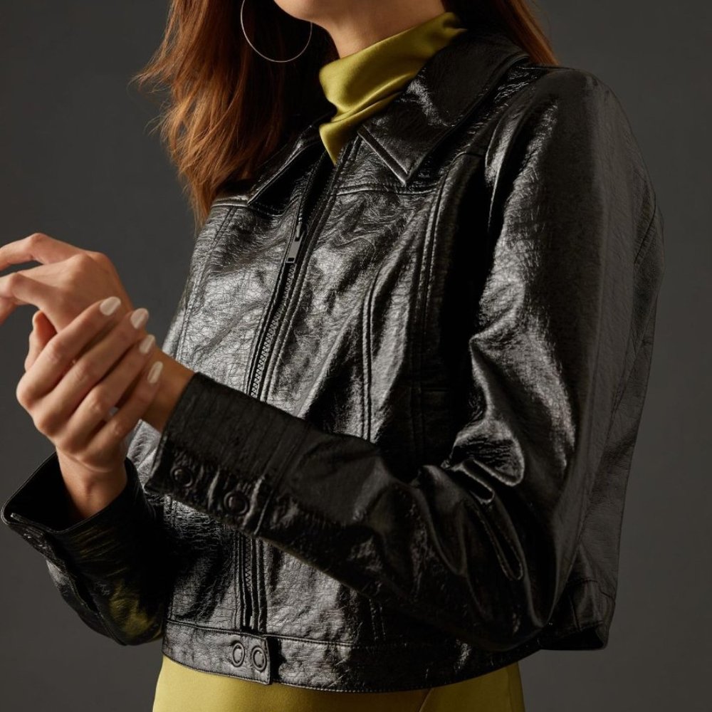 NWOT Women's Anthropologie Maeve Crinkle Vegan Moto Jacket, Black sz: MP 8-10